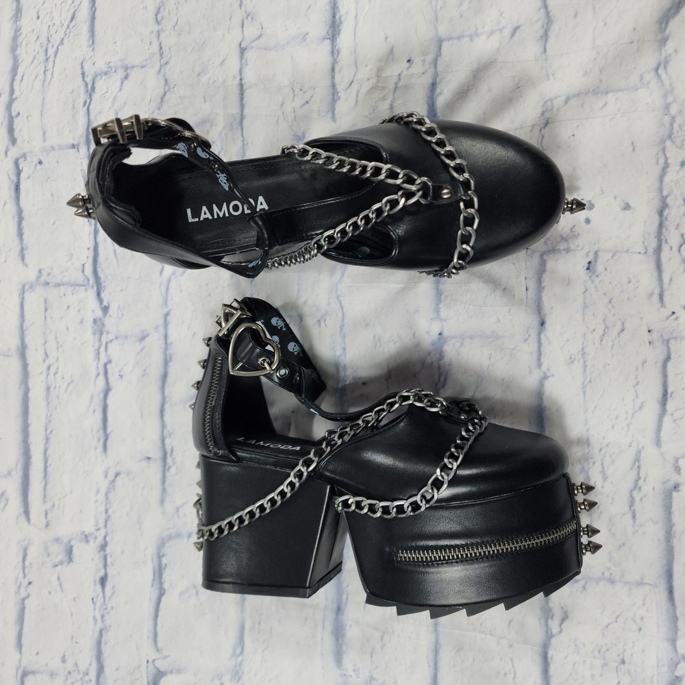Lamoda WOMENS 7 Black Chain Skulls Spikes Chunky Platform Shoes 43025